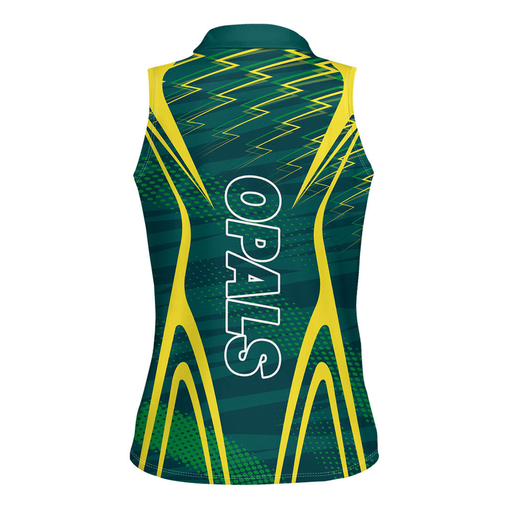 Australian Opals Basketball Women Sleeveless Polo Shirt Iconic Green And Gold Silhouette With Sharp Abstract Graphics