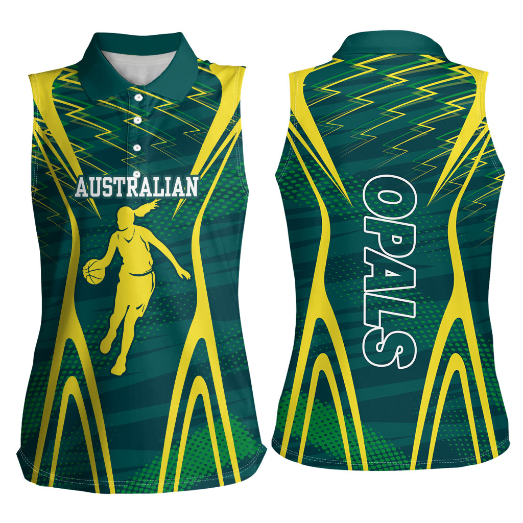 Australian Opals Basketball Women Sleeveless Polo Shirt Iconic Green And Gold Silhouette With Sharp Abstract Graphics
