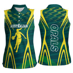 Australian Opals Basketball Women Sleeveless Polo Shirt Iconic Green And Gold Silhouette With Sharp Abstract Graphics