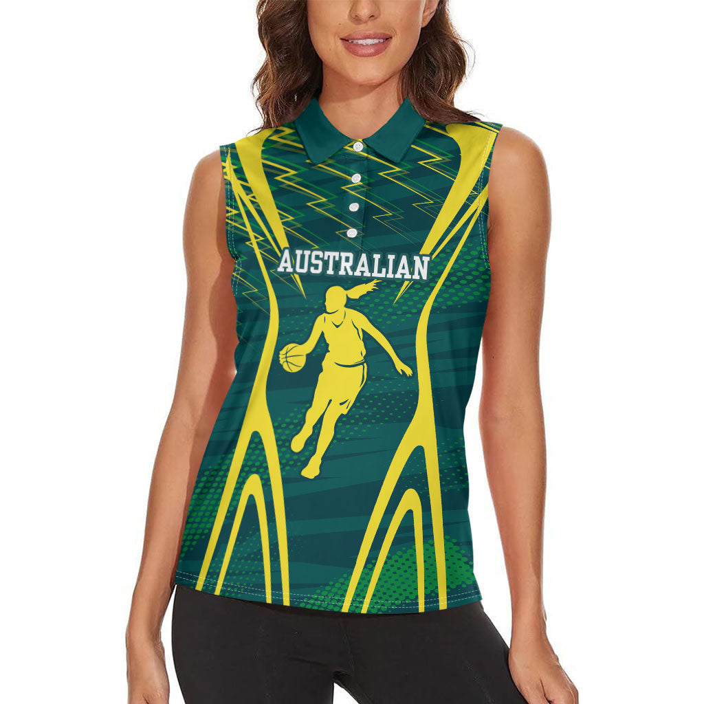 Australian Opals Basketball Women Sleeveless Polo Shirt Iconic Green And Gold Silhouette With Sharp Abstract Graphics