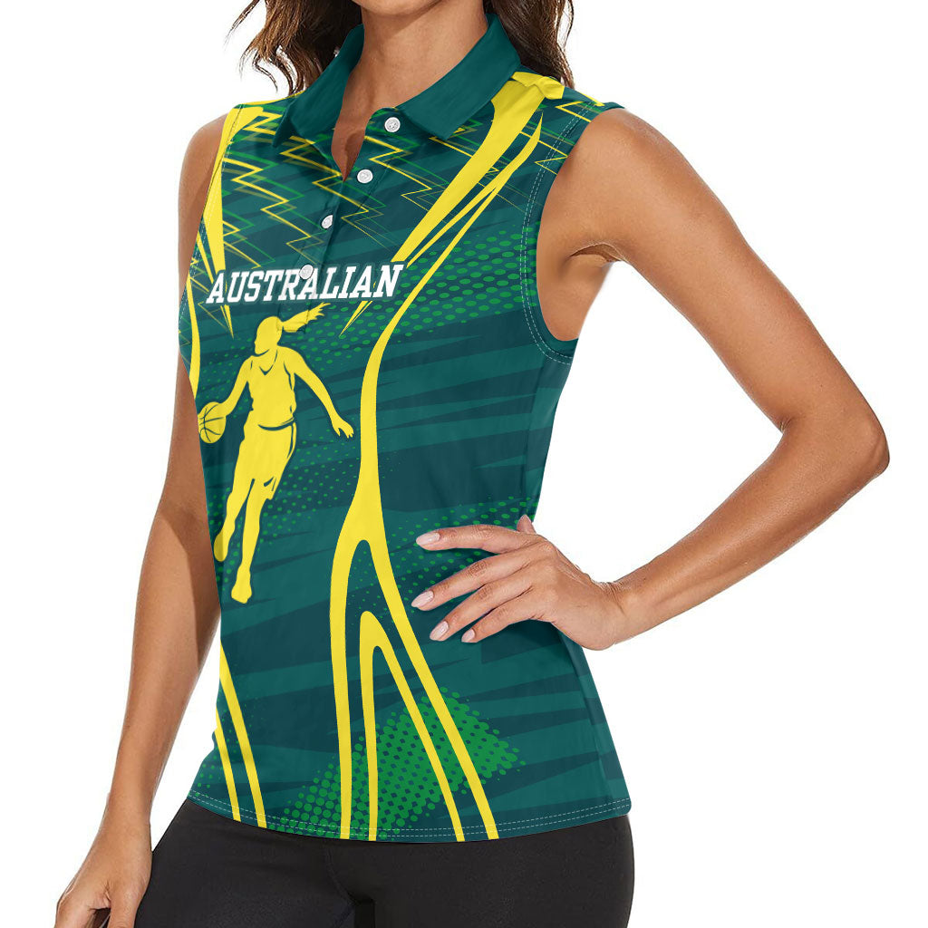 Australian Opals Basketball Women Sleeveless Polo Shirt Iconic Green And Gold Silhouette With Sharp Abstract Graphics