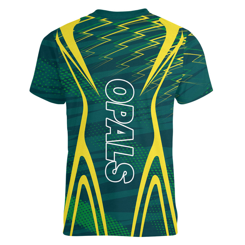 Australian Opals Basketball Women V-Neck T-Shirt Iconic Green And Gold Silhouette With Sharp Abstract Graphics