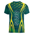 Australian Opals Basketball Women V-Neck T-Shirt Iconic Green And Gold Silhouette With Sharp Abstract Graphics