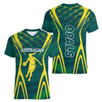 Australian Opals Basketball Women V-Neck T-Shirt Iconic Green And Gold Silhouette With Sharp Abstract Graphics
