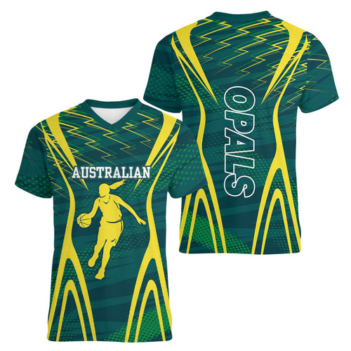 Australian Opals Basketball Women V-Neck T-Shirt Iconic Green And Gold Silhouette With Sharp Abstract Graphics