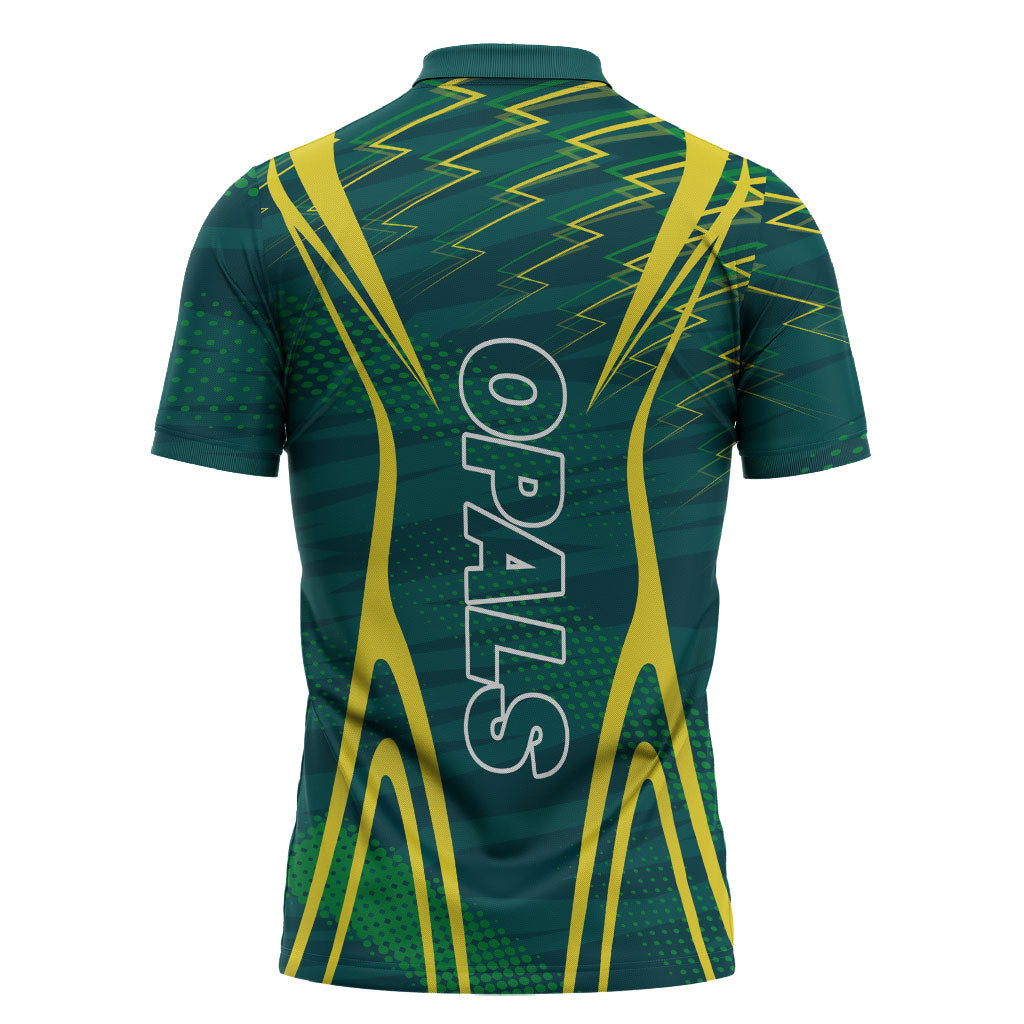 Australian Opals Basketball Zipper Polo Shirt Iconic Green And Gold Silhouette With Sharp Abstract Graphics