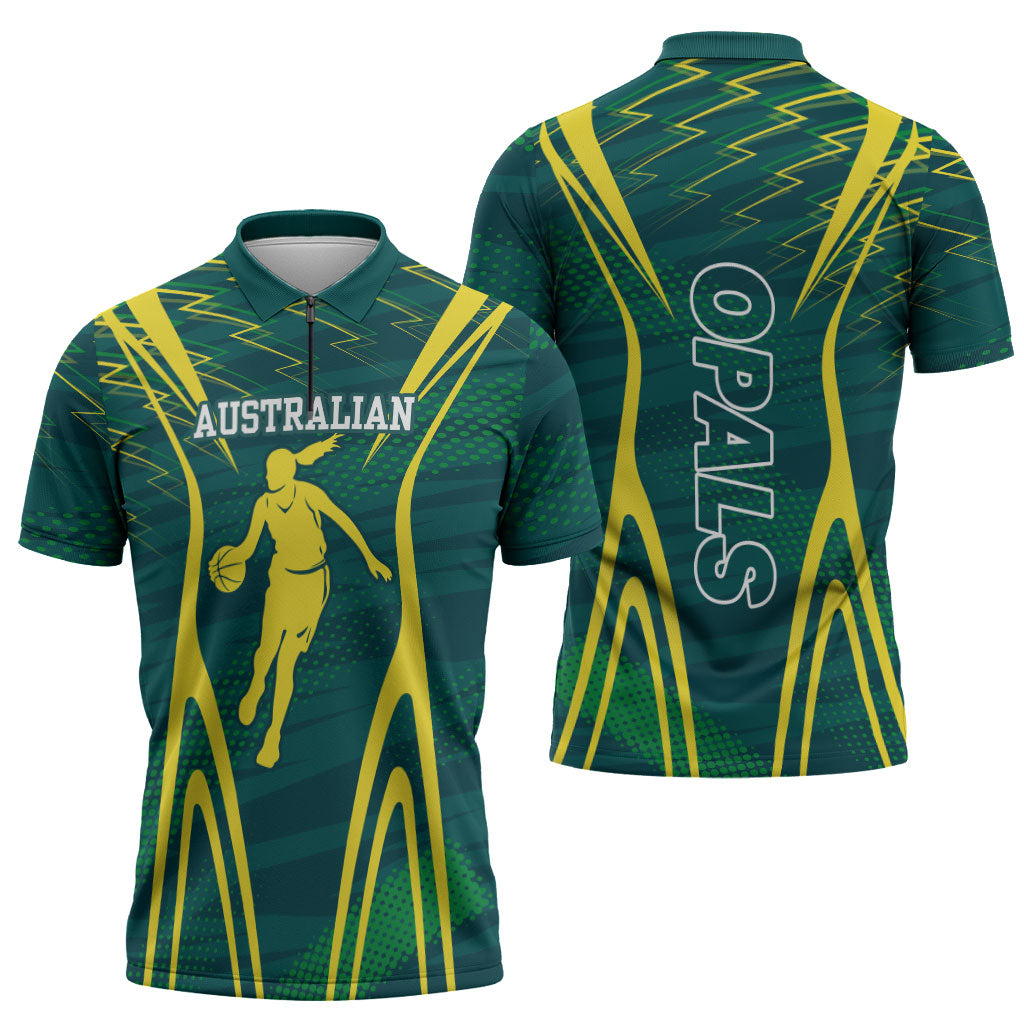 Australian Opals Basketball Zipper Polo Shirt Iconic Green And Gold Silhouette With Sharp Abstract Graphics