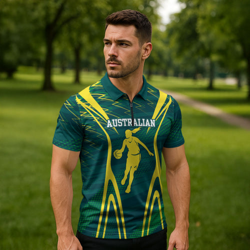 Australian Opals Basketball Zipper Polo Shirt Iconic Green And Gold Silhouette With Sharp Abstract Graphics