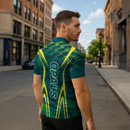 Australian Opals Basketball Zipper Polo Shirt Iconic Green And Gold Silhouette With Sharp Abstract Graphics