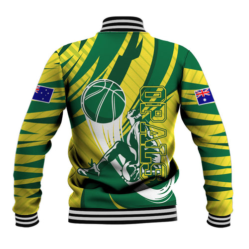 Australian Opals Basketball Baseball Jacket Green and Gold Tribal Pattern Athletic Abstract Art