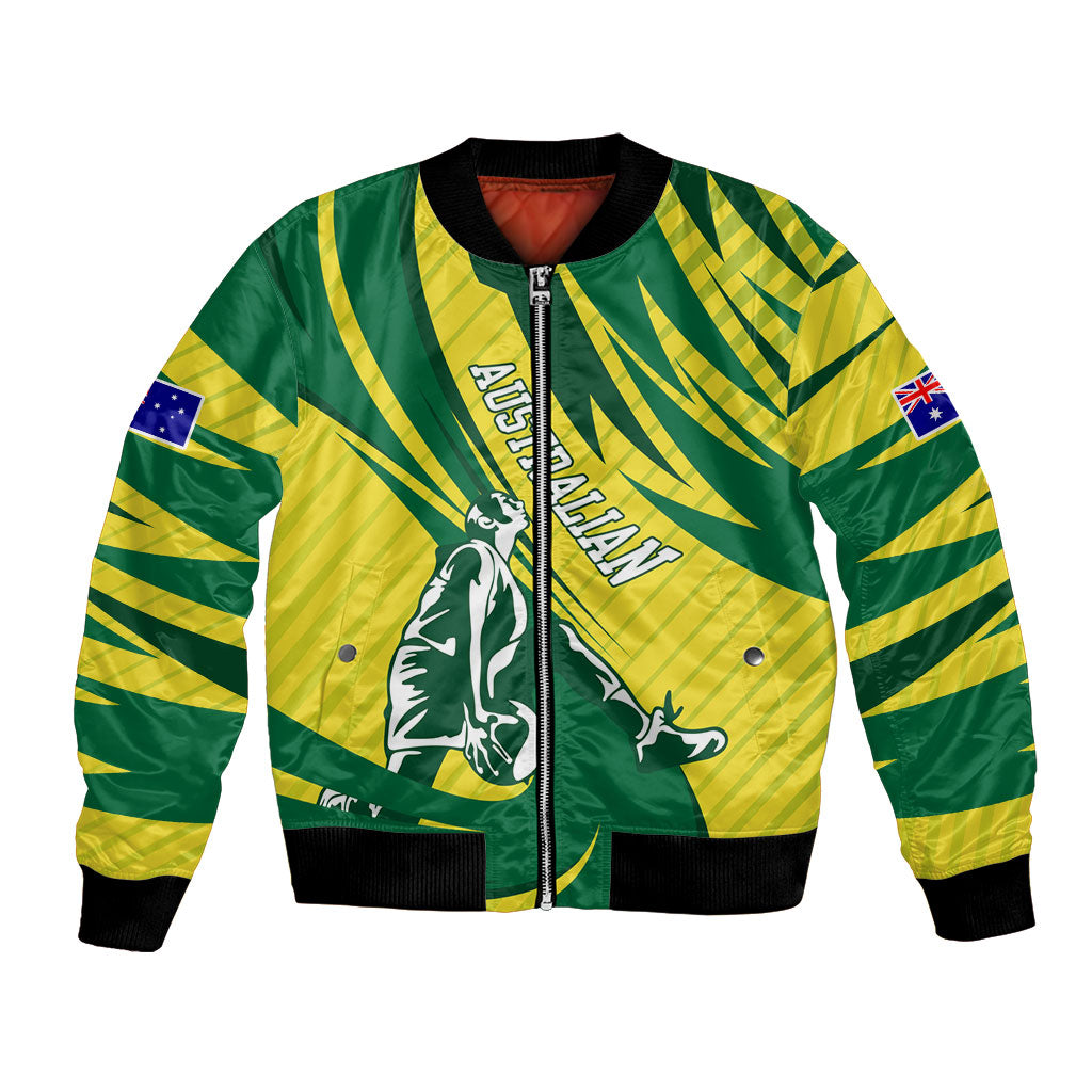 Australian Opals Basketball Bomber Jacket Green and Gold Tribal Pattern Athletic Abstract Art