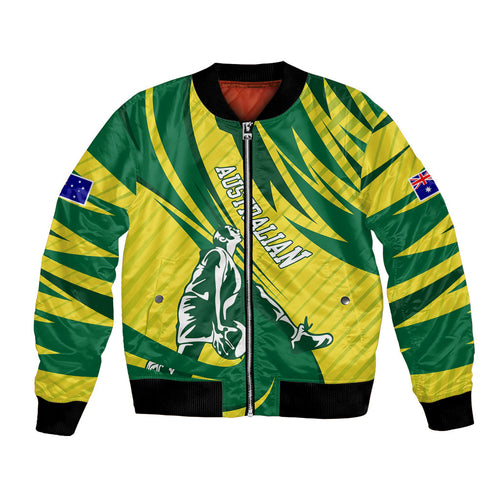 Australian Opals Basketball Bomber Jacket Green and Gold Tribal Pattern Athletic Abstract Art