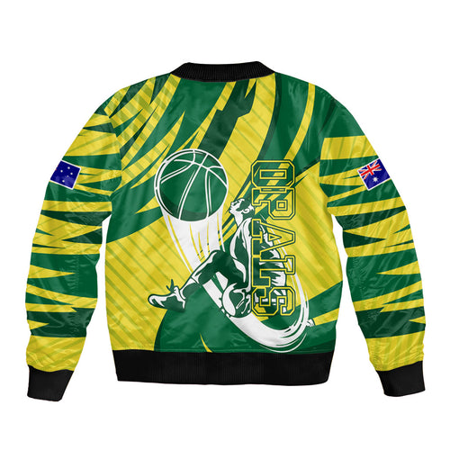 Australian Opals Basketball Bomber Jacket Green and Gold Tribal Pattern Athletic Abstract Art