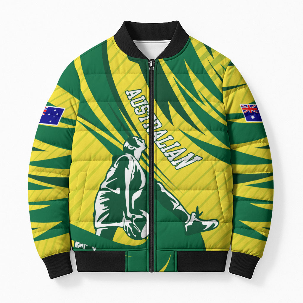 Australian Opals Basketball Bomber Puffer Jacket Green and Gold Tribal Pattern Athletic Abstract Art