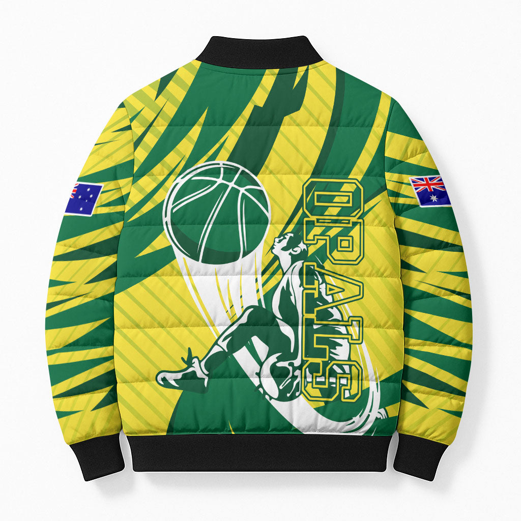 Australian Opals Basketball Bomber Puffer Jacket Green and Gold Tribal Pattern Athletic Abstract Art