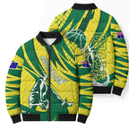 Australian Opals Basketball Bomber Puffer Jacket Green and Gold Tribal Pattern Athletic Abstract Art