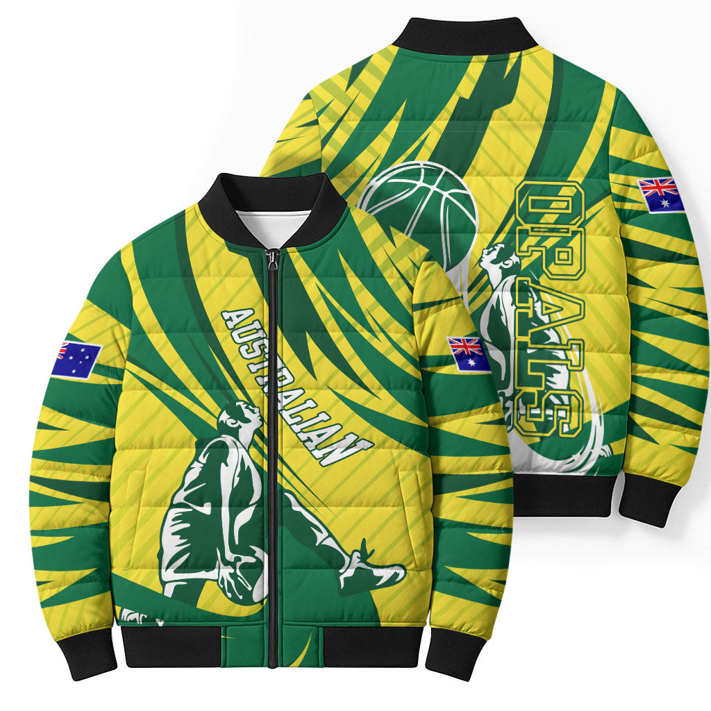 Australian Opals Basketball Bomber Puffer Jacket Green and Gold Tribal Pattern Athletic Abstract Art