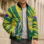 Australian Opals Basketball Bomber Puffer Jacket Green and Gold Tribal Pattern Athletic Abstract Art