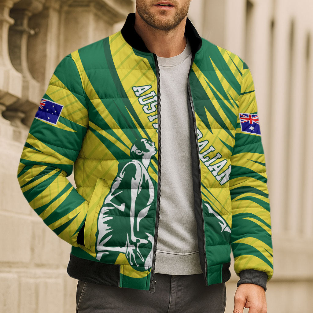 Australian Opals Basketball Bomber Puffer Jacket Green and Gold Tribal Pattern Athletic Abstract Art
