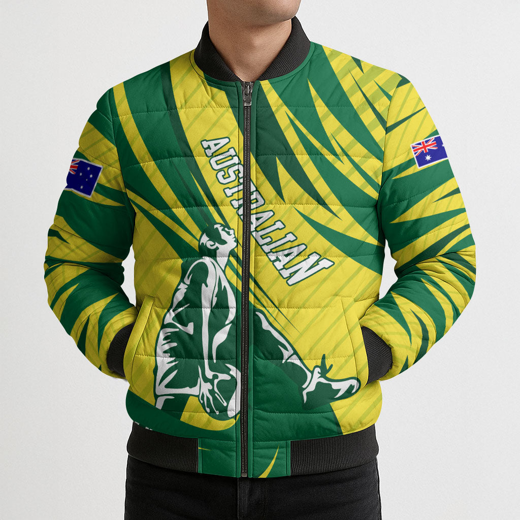 Australian Opals Basketball Bomber Puffer Jacket Green and Gold Tribal Pattern Athletic Abstract Art