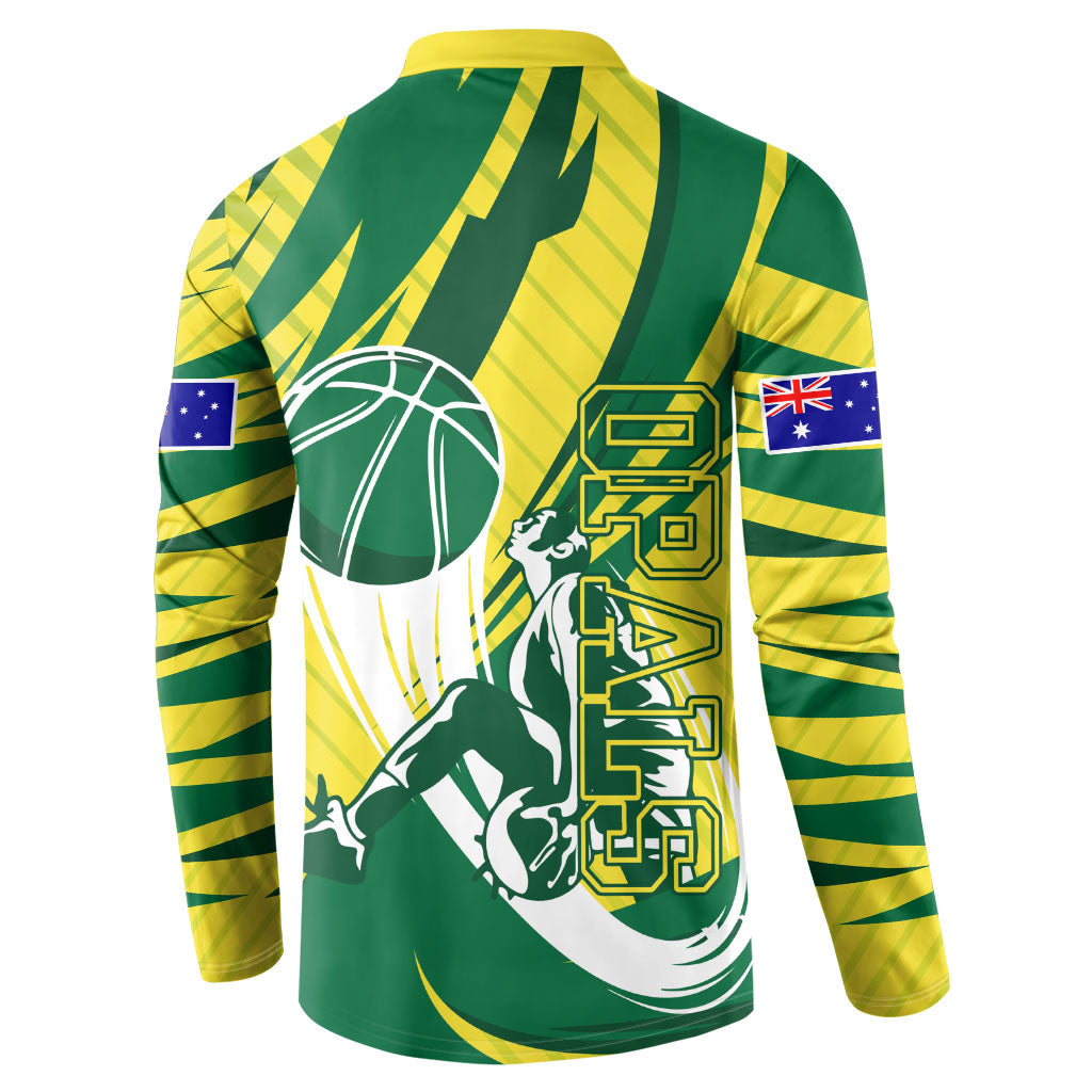 Australian Opals Basketball Button Sweatshirt Green and Gold Tribal Pattern Athletic Abstract Art