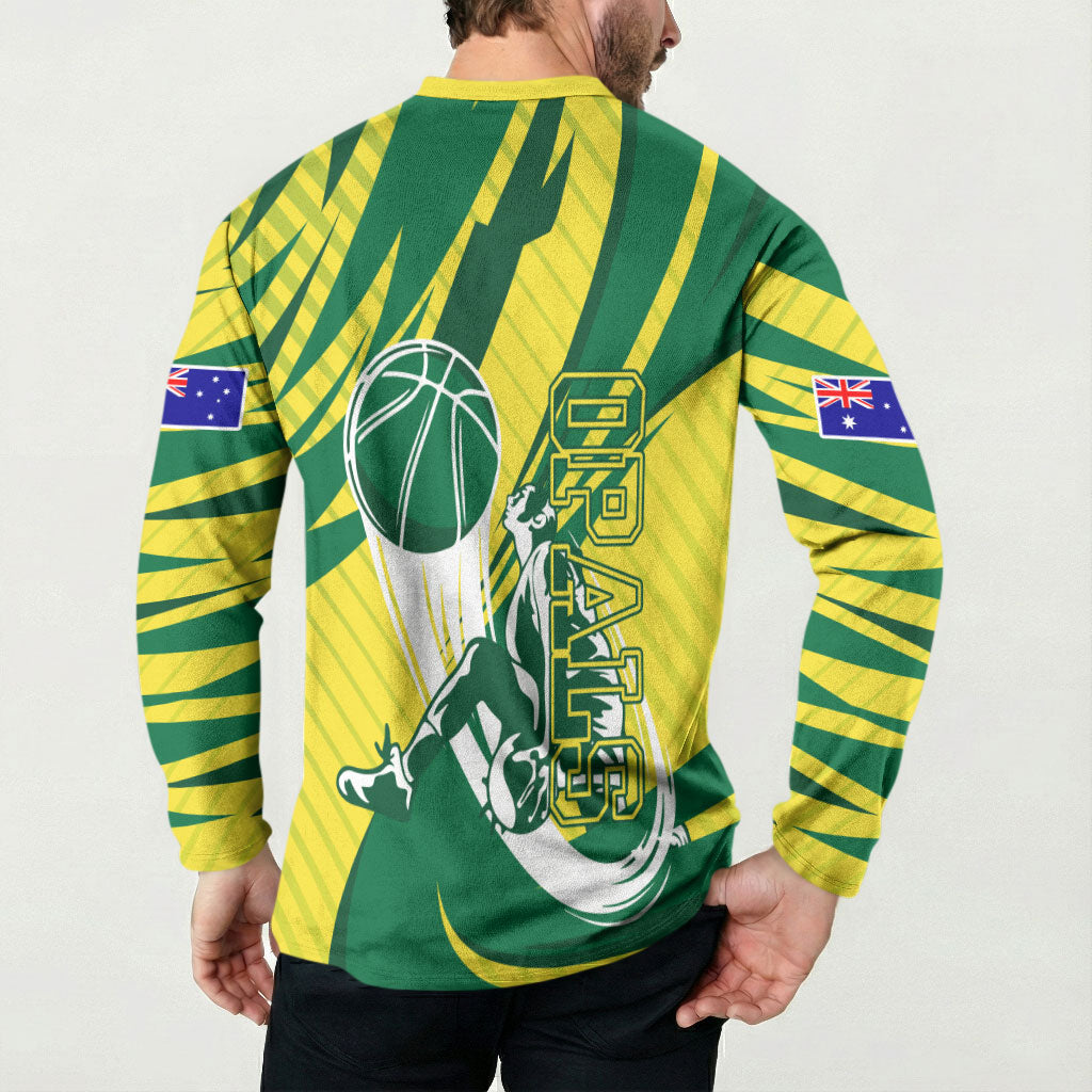 Australian Opals Basketball Button Sweatshirt Green and Gold Tribal Pattern Athletic Abstract Art