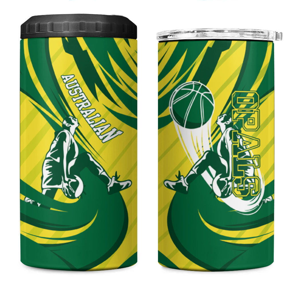 Australian Opals Basketball 4 in 1 Can Cooler Tumbler Green and Gold Tribal Pattern Athletic Abstract Art