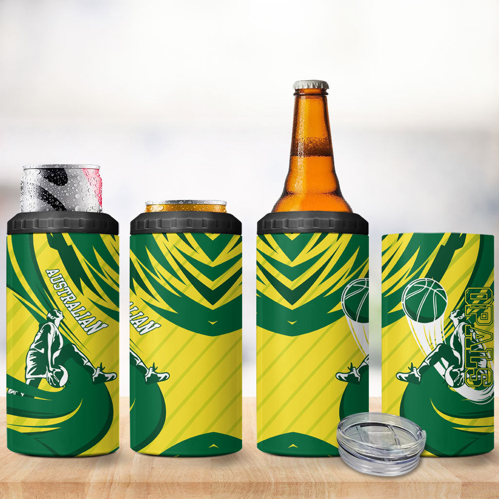 Australian Opals Basketball 4 in 1 Can Cooler Tumbler Green and Gold Tribal Pattern Athletic Abstract Art