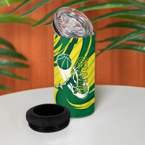 Australian Opals Basketball 4 in 1 Can Cooler Tumbler Green and Gold Tribal Pattern Athletic Abstract Art