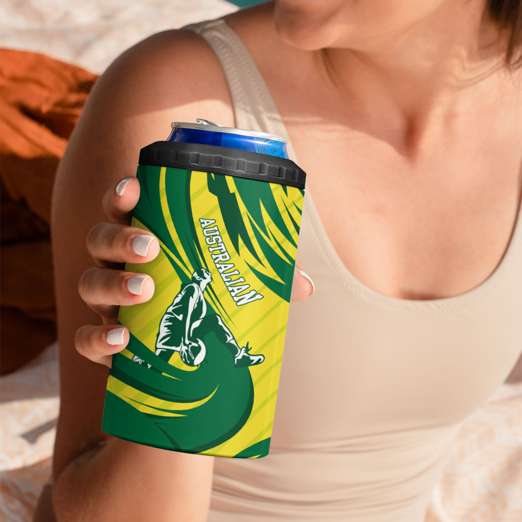 Australian Opals Basketball 4 in 1 Can Cooler Tumbler Green and Gold Tribal Pattern Athletic Abstract Art