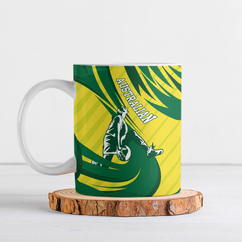 Australian Opals Basketball Ceramic Mug Green and Gold Tribal Pattern Athletic Abstract Art