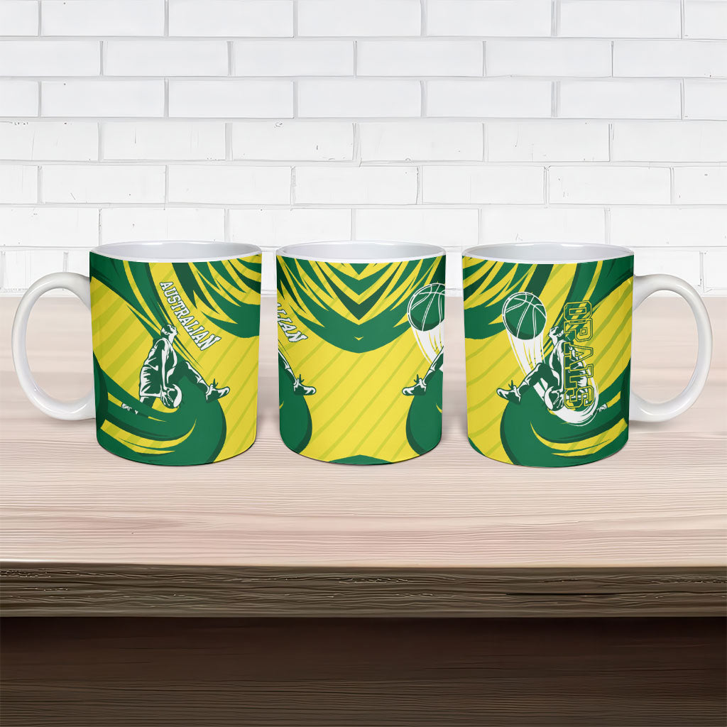 Australian Opals Basketball Ceramic Mug Green and Gold Tribal Pattern Athletic Abstract Art