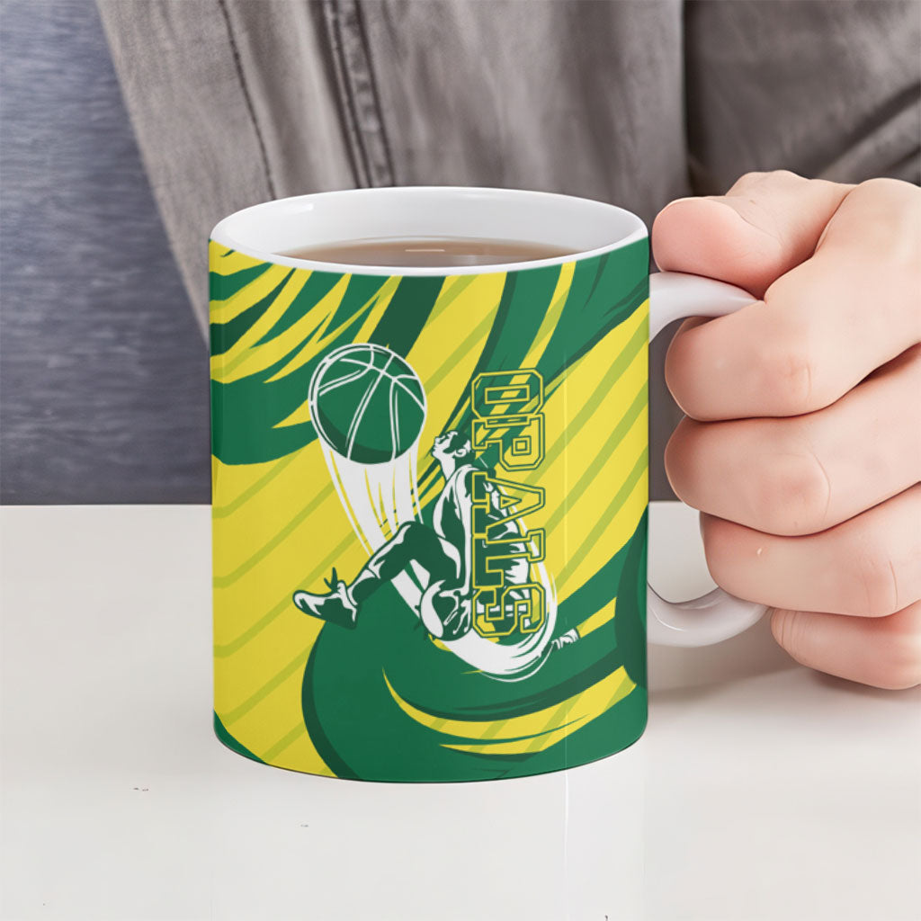 Australian Opals Basketball Ceramic Mug Green and Gold Tribal Pattern Athletic Abstract Art