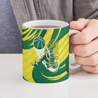 Australian Opals Basketball Ceramic Mug Green and Gold Tribal Pattern Athletic Abstract Art