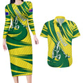 Australian Opals Basketball Couples Matching Long Sleeve Bodycon Dress and Hawaiian Shirt Green and Gold Tribal Pattern Athletic Abstract Art