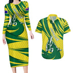 Australian Opals Basketball Couples Matching Long Sleeve Bodycon Dress and Hawaiian Shirt Green and Gold Tribal Pattern Athletic Abstract Art