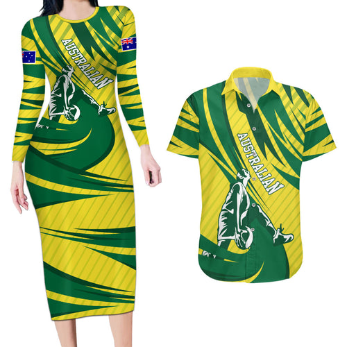 Australian Opals Basketball Couples Matching Long Sleeve Bodycon Dress and Hawaiian Shirt Green and Gold Tribal Pattern Athletic Abstract Art