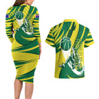 Australian Opals Basketball Couples Matching Long Sleeve Bodycon Dress and Hawaiian Shirt Green and Gold Tribal Pattern Athletic Abstract Art