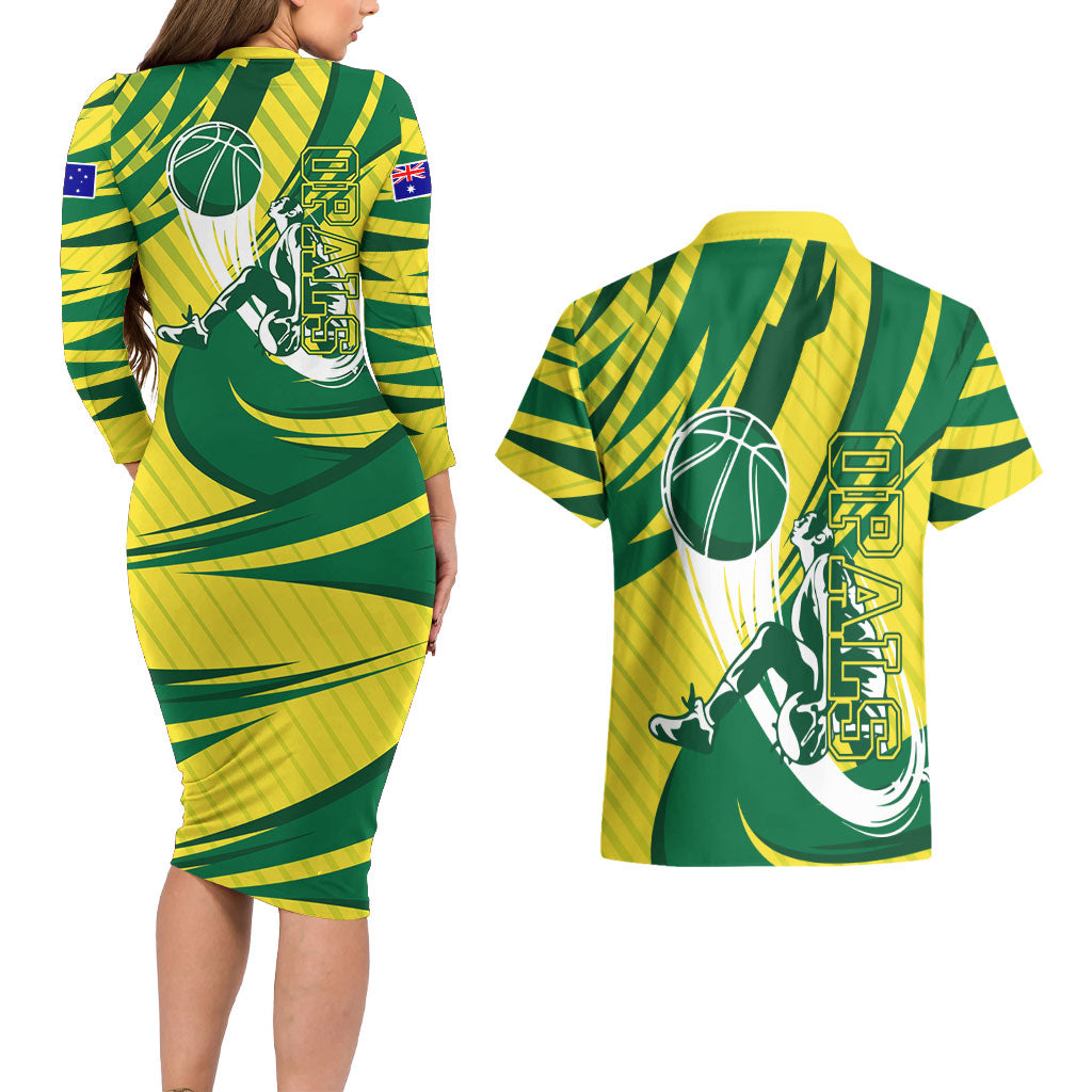 Australian Opals Basketball Couples Matching Long Sleeve Bodycon Dress and Hawaiian Shirt Green and Gold Tribal Pattern Athletic Abstract Art