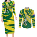 Australian Opals Basketball Couples Matching Long Sleeve Bodycon Dress and Long Sleeve Button Shirt Green and Gold Tribal Pattern Athletic Abstract Art