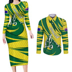 Australian Opals Basketball Couples Matching Long Sleeve Bodycon Dress and Long Sleeve Button Shirt Green and Gold Tribal Pattern Athletic Abstract Art