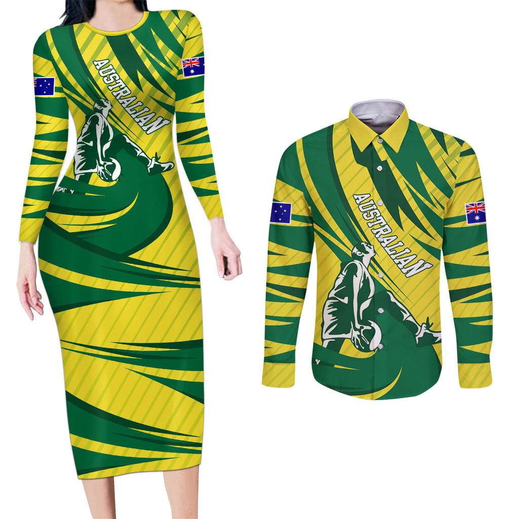 Australian Opals Basketball Couples Matching Long Sleeve Bodycon Dress and Long Sleeve Button Shirt Green and Gold Tribal Pattern Athletic Abstract Art