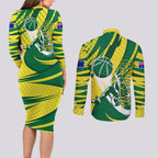 Australian Opals Basketball Couples Matching Long Sleeve Bodycon Dress and Long Sleeve Button Shirt Green and Gold Tribal Pattern Athletic Abstract Art