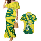 Australian Opals Basketball Couples Matching Mermaid Dress and Hawaiian Shirt Green and Gold Tribal Pattern Athletic Abstract Art
