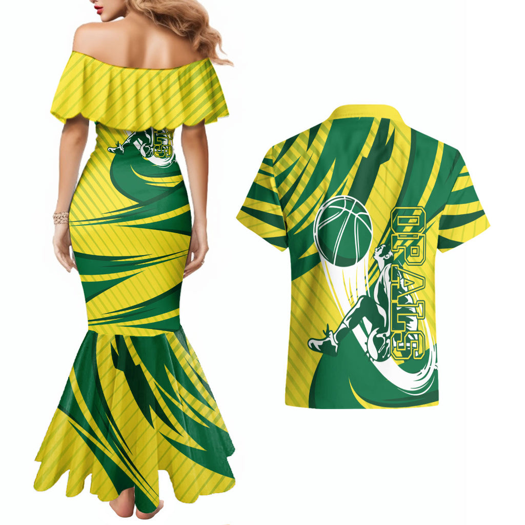 Australian Opals Basketball Couples Matching Mermaid Dress and Hawaiian Shirt Green and Gold Tribal Pattern Athletic Abstract Art