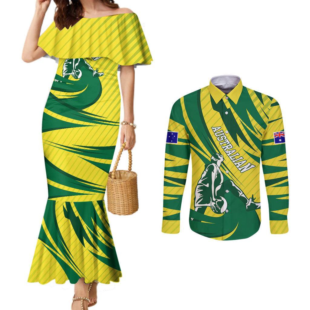 Australian Opals Basketball Couples Matching Mermaid Dress and Long Sleeve Button Shirt Green and Gold Tribal Pattern Athletic Abstract Art
