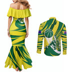 Australian Opals Basketball Couples Matching Mermaid Dress and Long Sleeve Button Shirt Green and Gold Tribal Pattern Athletic Abstract Art