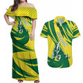 Australian Opals Basketball Couples Matching Off Shoulder Maxi Dress and Hawaiian Shirt Green and Gold Tribal Pattern Athletic Abstract Art