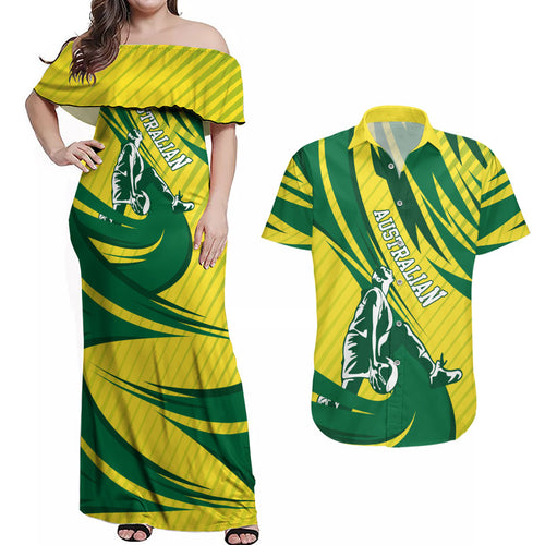 Australian Opals Basketball Couples Matching Off Shoulder Maxi Dress and Hawaiian Shirt Green and Gold Tribal Pattern Athletic Abstract Art