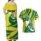 Australian Opals Basketball Couples Matching Off Shoulder Maxi Dress and Hawaiian Shirt Green and Gold Tribal Pattern Athletic Abstract Art